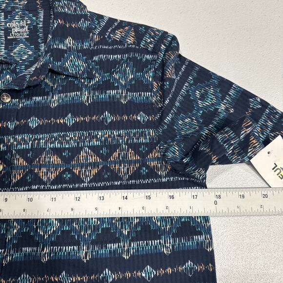 Colorful Planet Boys Size 10/12 Blue Geo Button Up Shirt Short Sleeve Artsy - Picture 5 of 9
